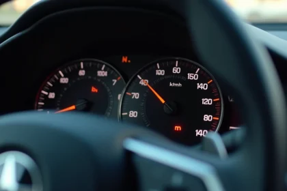 Tableau de bord de voiture avec compteur de vitesse affichant les échelles km/h et mph en gros plan