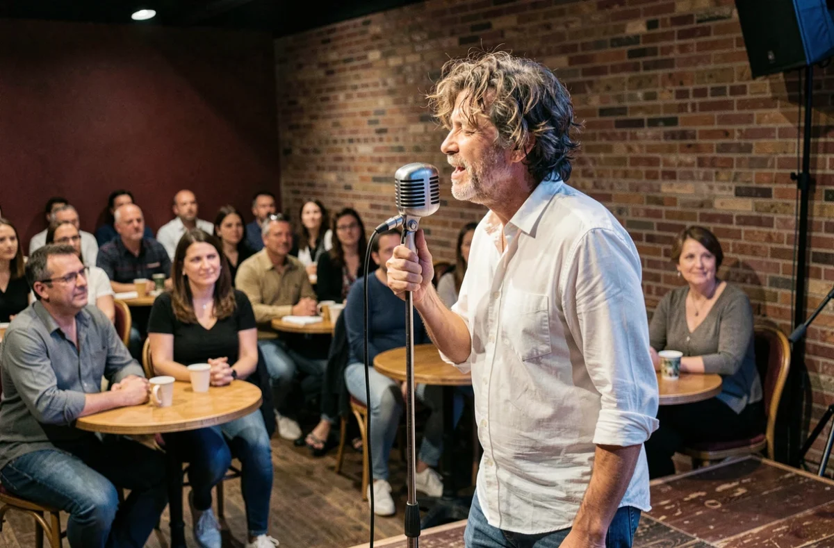 Chanteur français passionné sur scène dans une petite salle de concert parisienne, micro vintage, public attentif en fond, ambiance chanson populaire