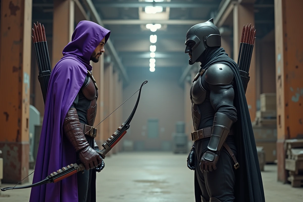 Deux cosplayeurs Marvel Comics en confrontation dans un entrepôt industriel, illustrant les ennemis de Clint Barton Hawkeye