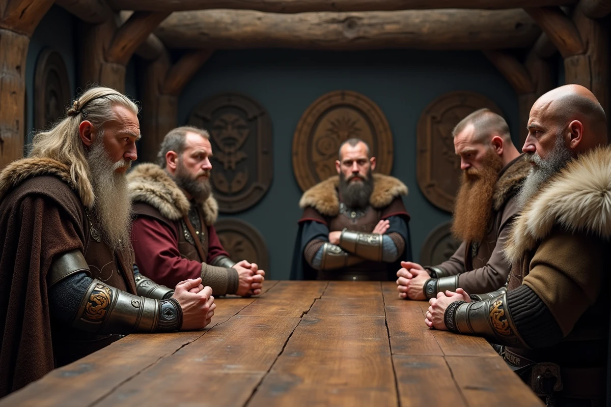 Vikings en conseil dans une grande salle en intérieur