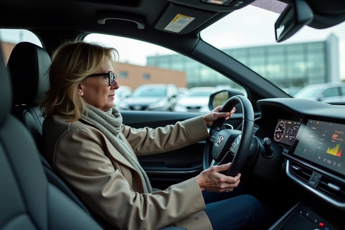 Femme examinant tableau de bord digital SUV hybride