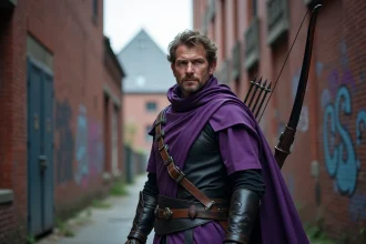 Cosplayeur en costume de Hawkeye avec arc recurve dans une ruelle urbaine, représentant l'univers Marvel Comics
