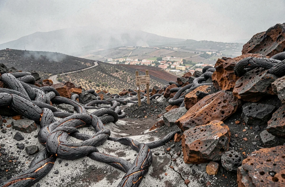 Sentier de randonnée de l'Etna bloqué par une coulée de lave refroidie et des dépôts de cendres volcaniques après une éruption récente