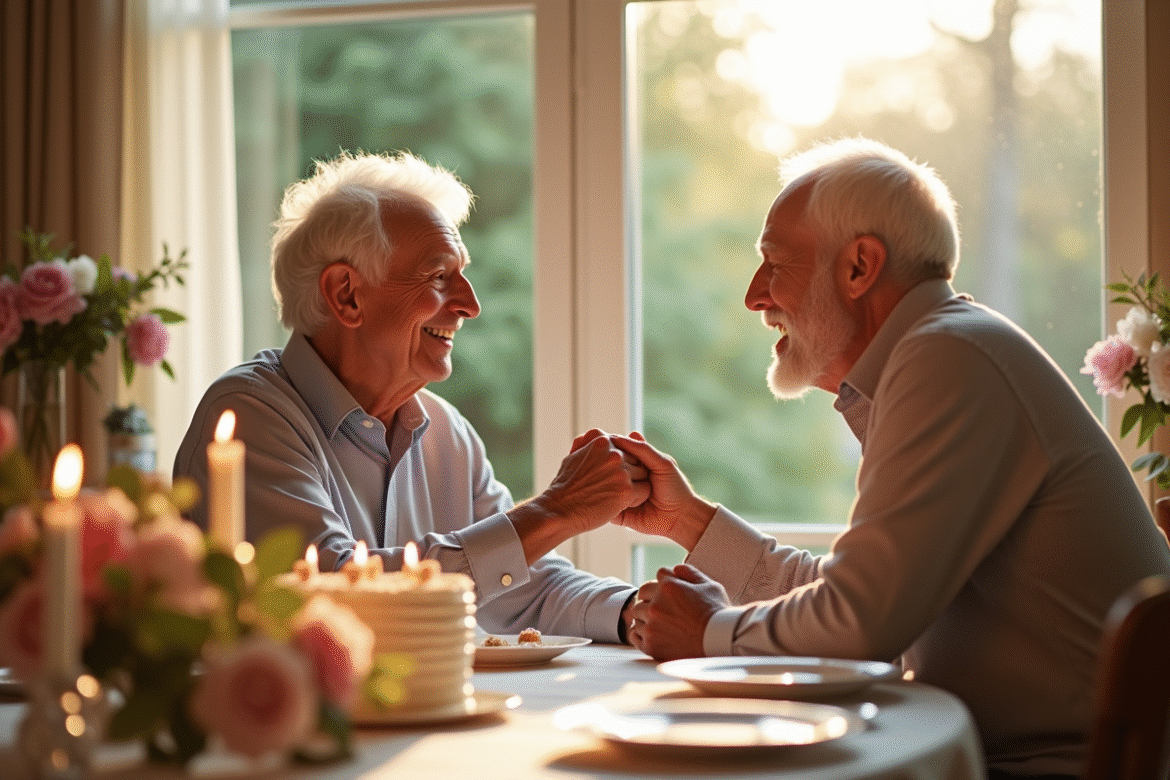 Couple agee souriant lors d'une celebration avec gateau et fleurs