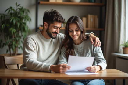 Jeune couple discutant de documents de prêt immobilier
