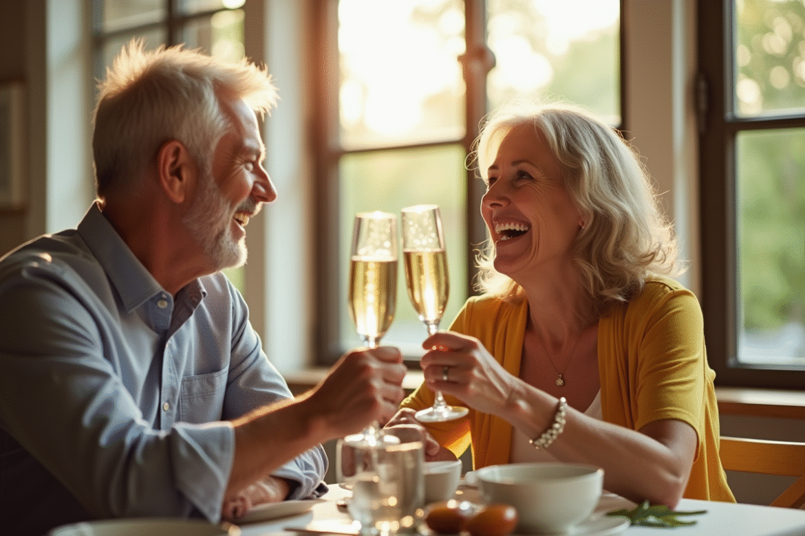 Couple d'âge moyen riant en trinquant avec champagne dans une salle lumineuse