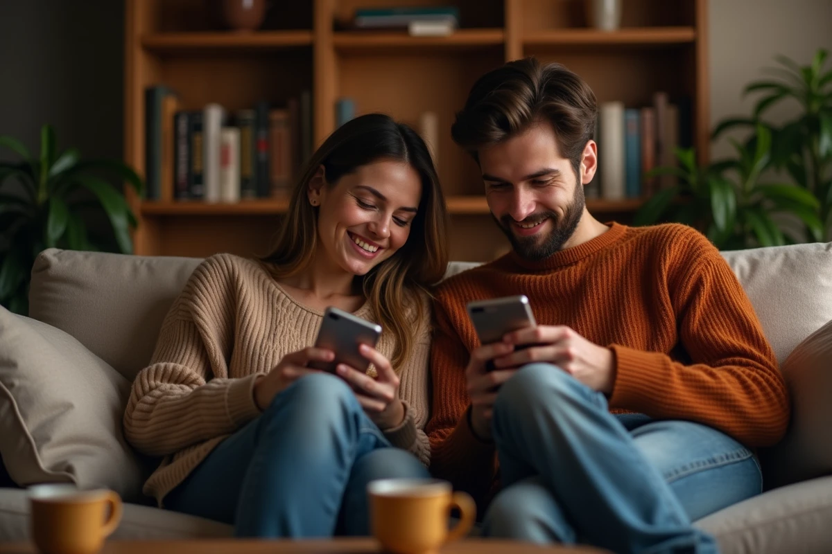 Couple sur un canapé le soir consultant chacun leur téléphone, illustrant les erreurs de communication dans les messages bonne nuit