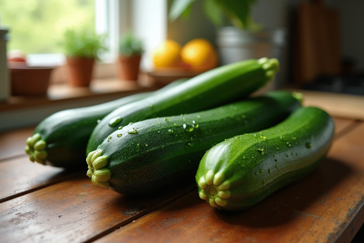 Courgettes fraîches sur un plan de travail rustique