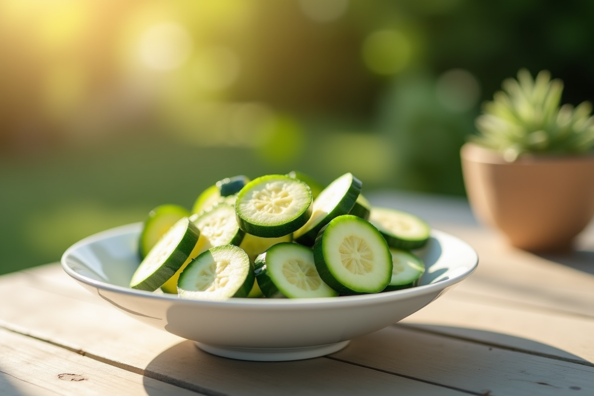 Courgettes tranchées dans un bol blanc en extérieur