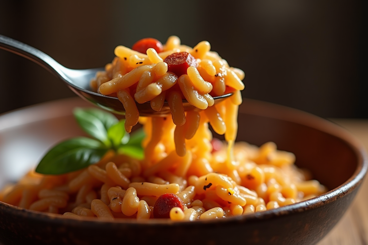 Cuillère soulevant risotto au chorizo dans un bol rustique