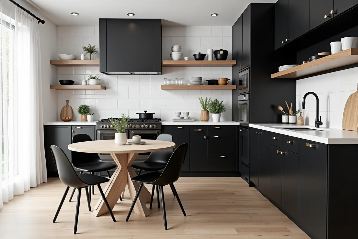 Cuisine et salle à manger en noir et blanc avec placards mats noirs, plan de travail en marbre blanc et chaises en métal noir