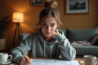 Jeune femme concentrée résolvant une énigme de jeu de type escape room à domicile avec une carte de puzzle dessinée à la main