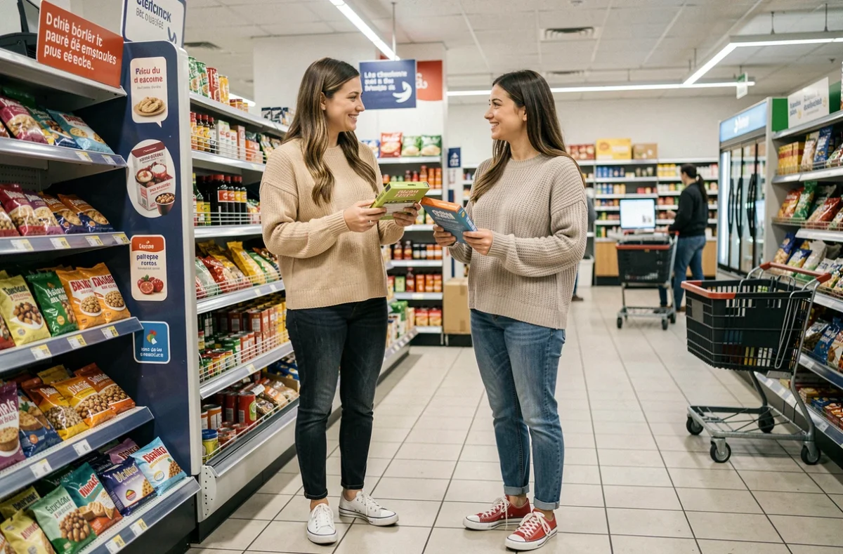 Deux amies comparant des produits en promotion dans un supermarché économique du 20e arrondissement de Paris