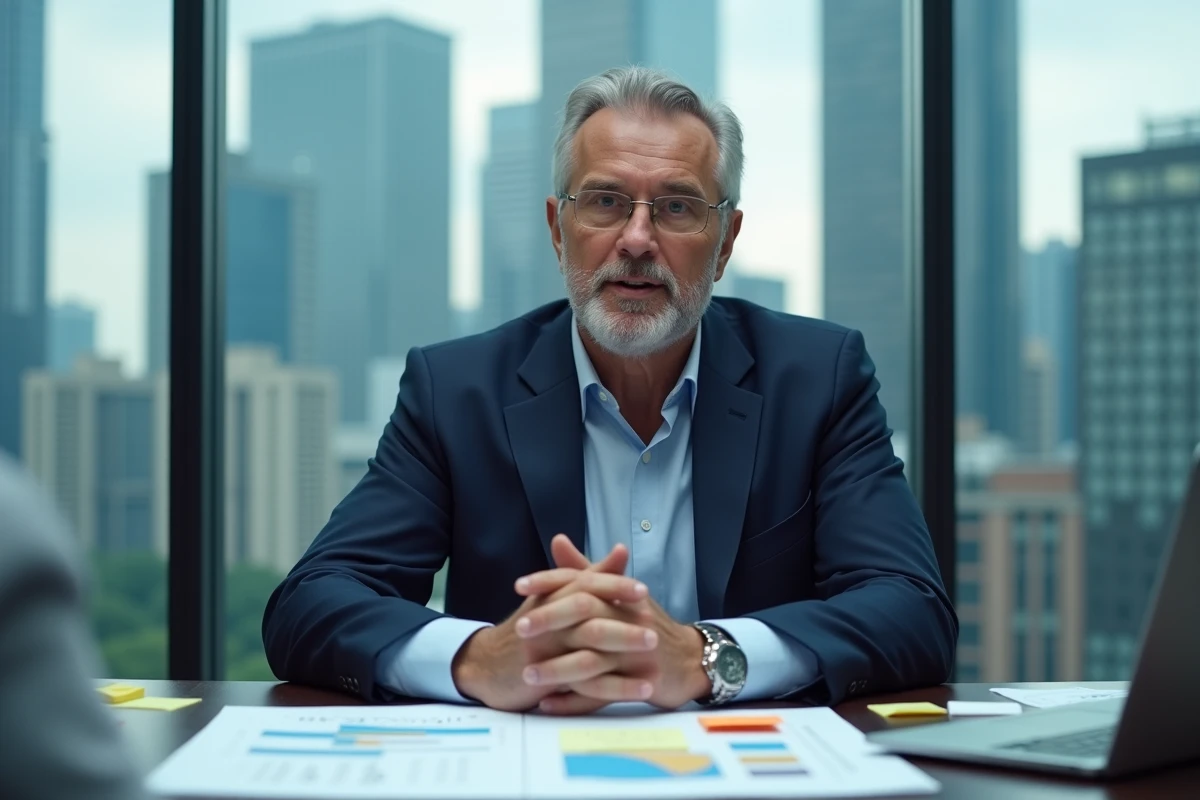 Dirigeant d'entreprise en salle de réunion expliquant une stratégie de disruption économique avec des graphiques et un ordinateur portable