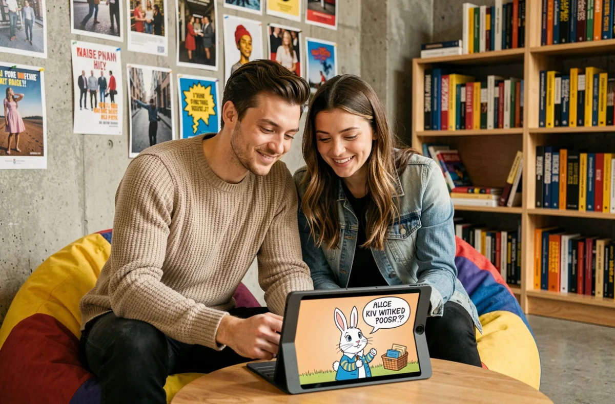 Deux jeunes adultes découvrant ensemble un mème viral du Lapin Blanc d'Alice au Pays des Merveilles sur une tablette dans un espace coworking tendance