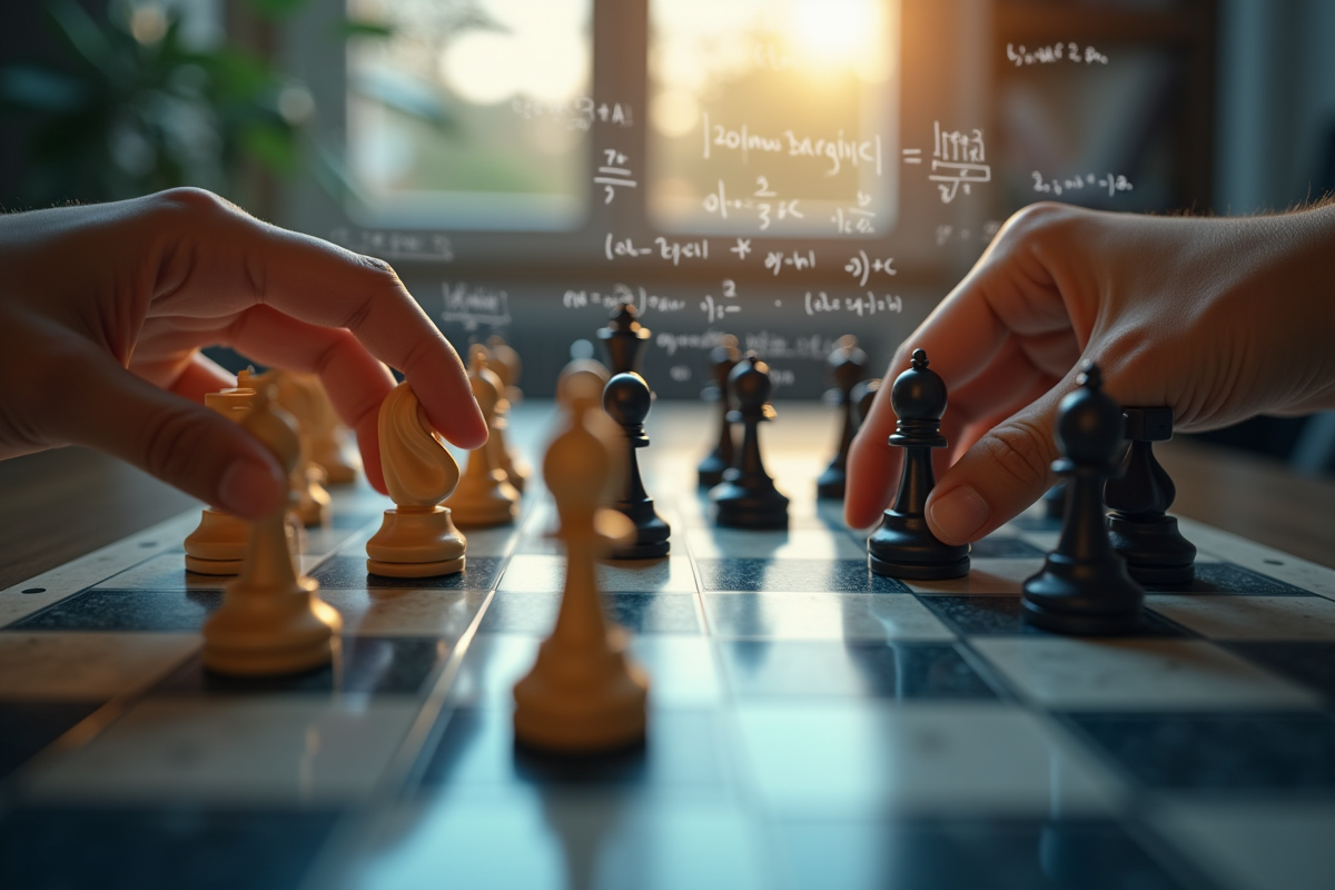 Mains jouant aux échecs avec équations en reflet dans la scène