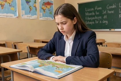 Élève de lycée concentrée sur un manuel de géographie ouvert montrant une carte du monde avec les capitales