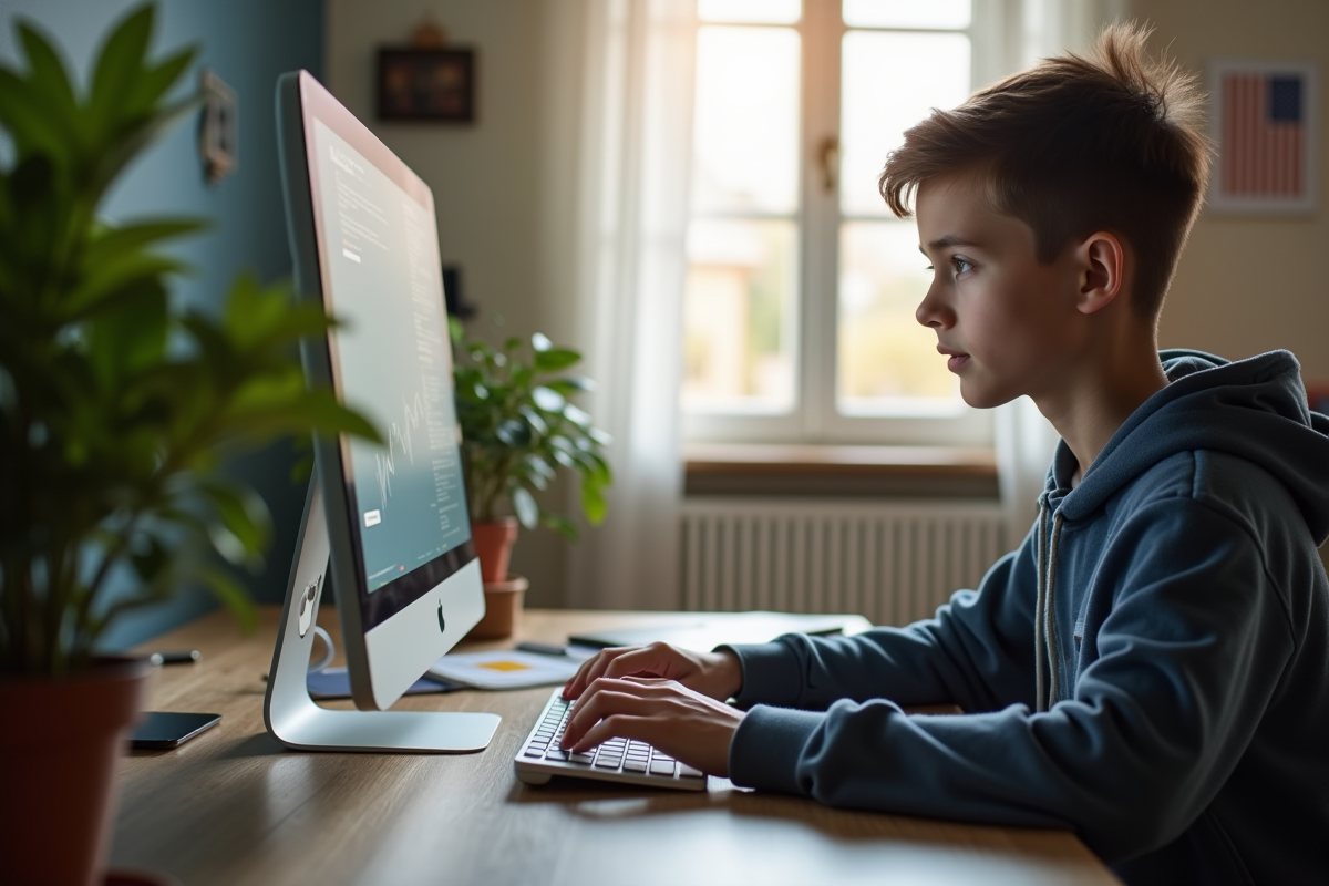 Étudiant utilisant une plateforme éducative sur ordinateur à la maison