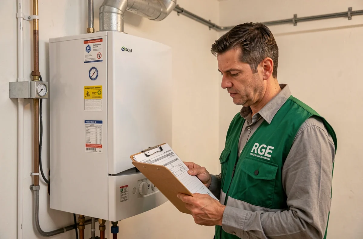 Artisan certifié RGE d'EMH Plomberie Chauffage inspectant une chaudière à Saint-Brieuc