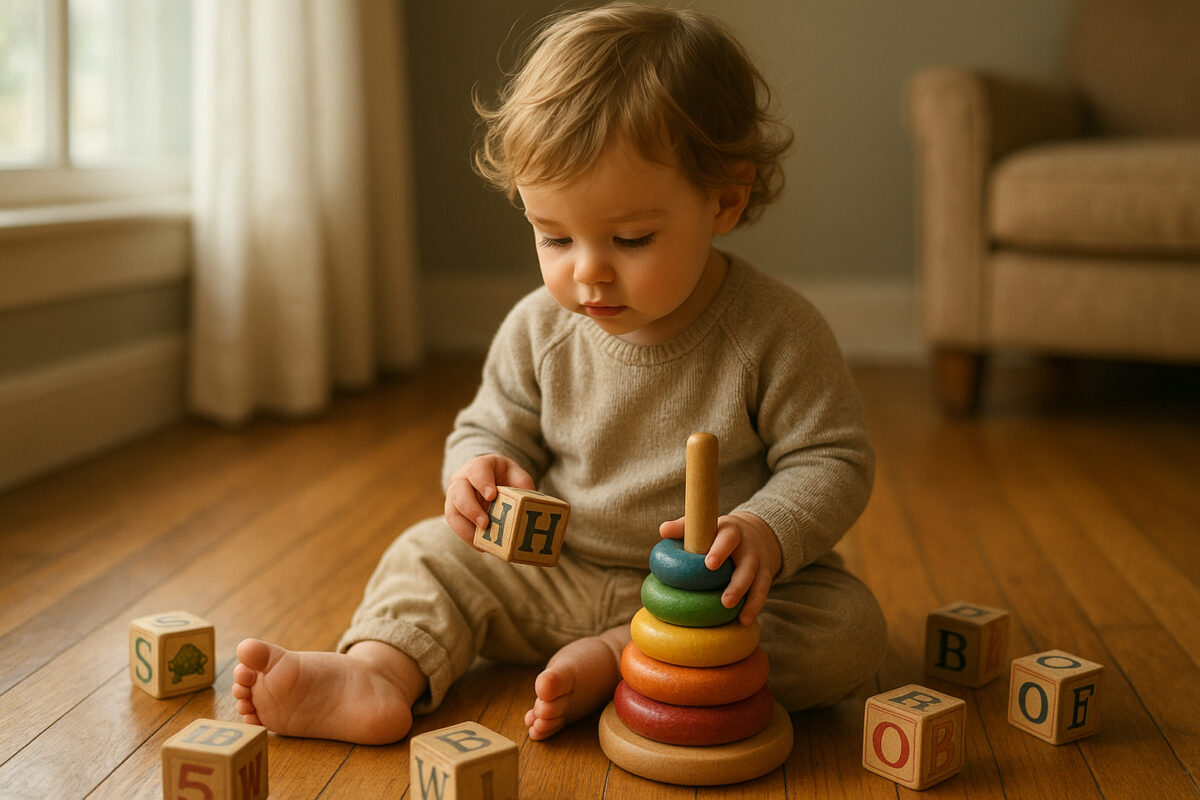 Jeune enfant jouant avec des jouets éducatifs en bois dans un intérieur chaleureux