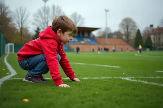Enfant sur un terrain de football regardant l'étendue de la pelouse pour comprendre la superficie de Paris