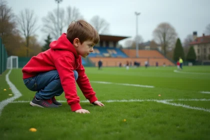 Enfant sur un terrain de football regardant l'étendue de la pelouse pour comprendre la superficie de Paris