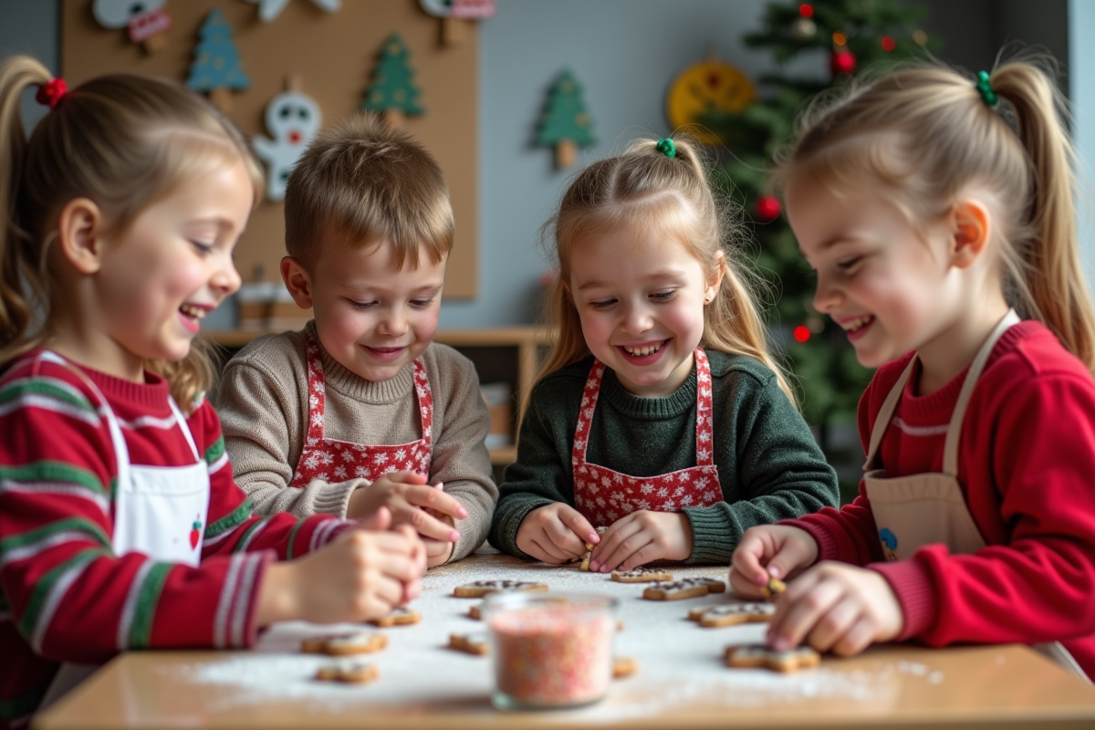 Groupe d'enfants décorant des biscuits de Noël