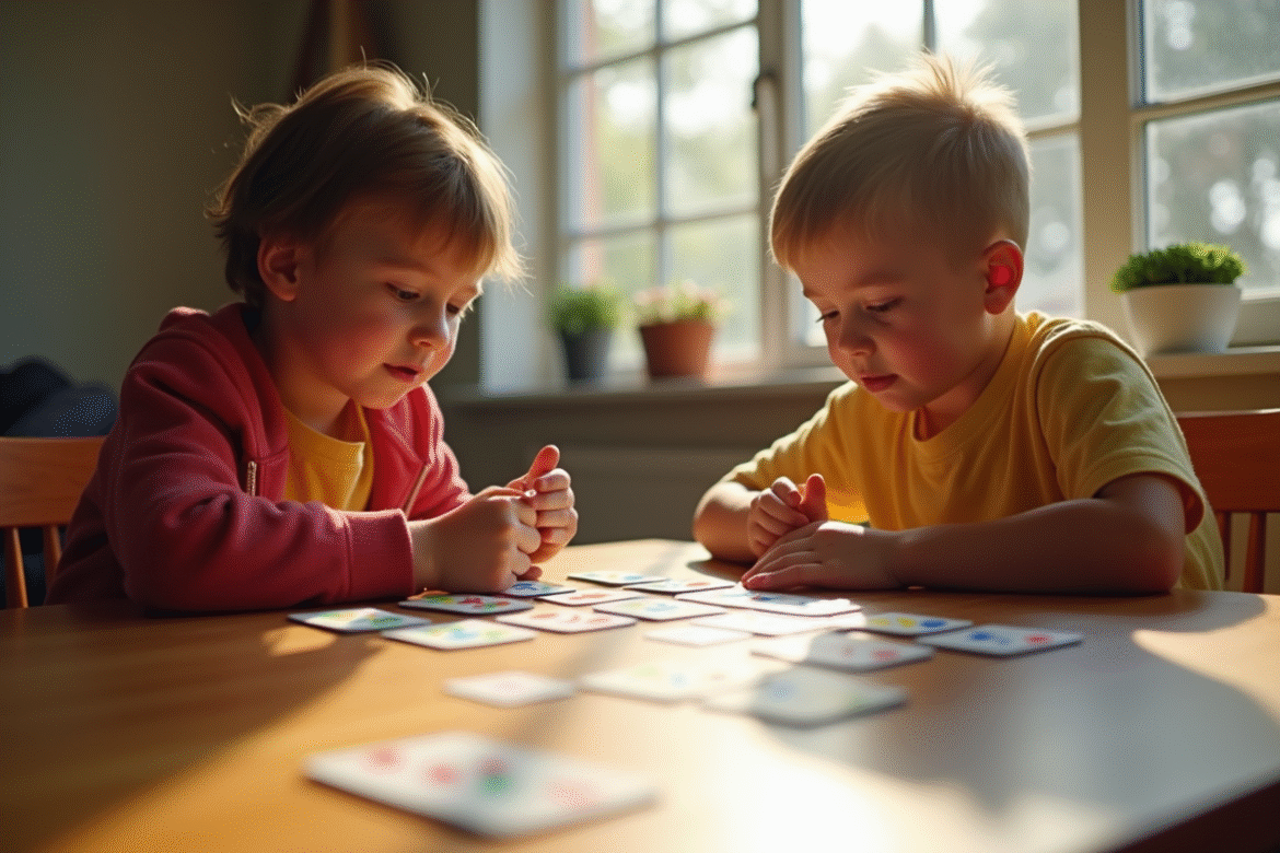 Deux enfants jouent à SkipBo Junior avec des cartes colorées