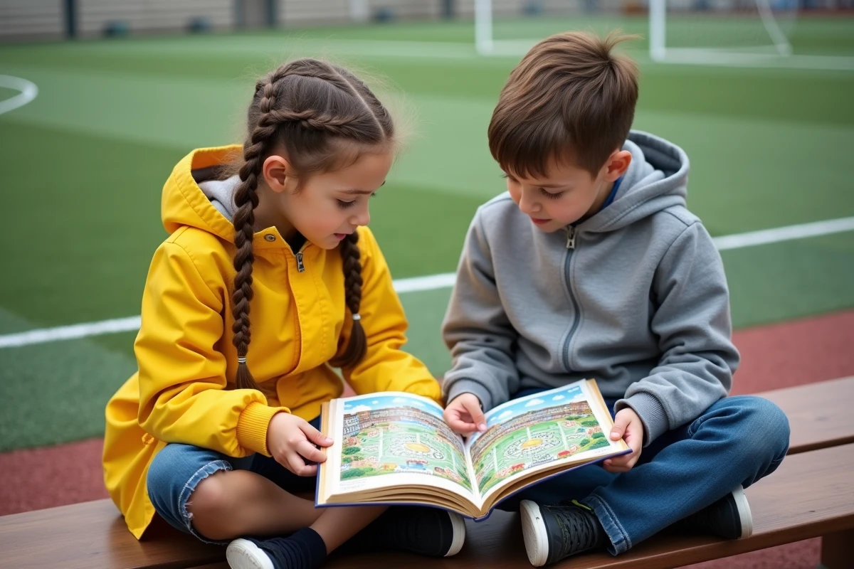 Deux enfants lisant un livre illustré comparant la superficie de Paris à des terrains de football