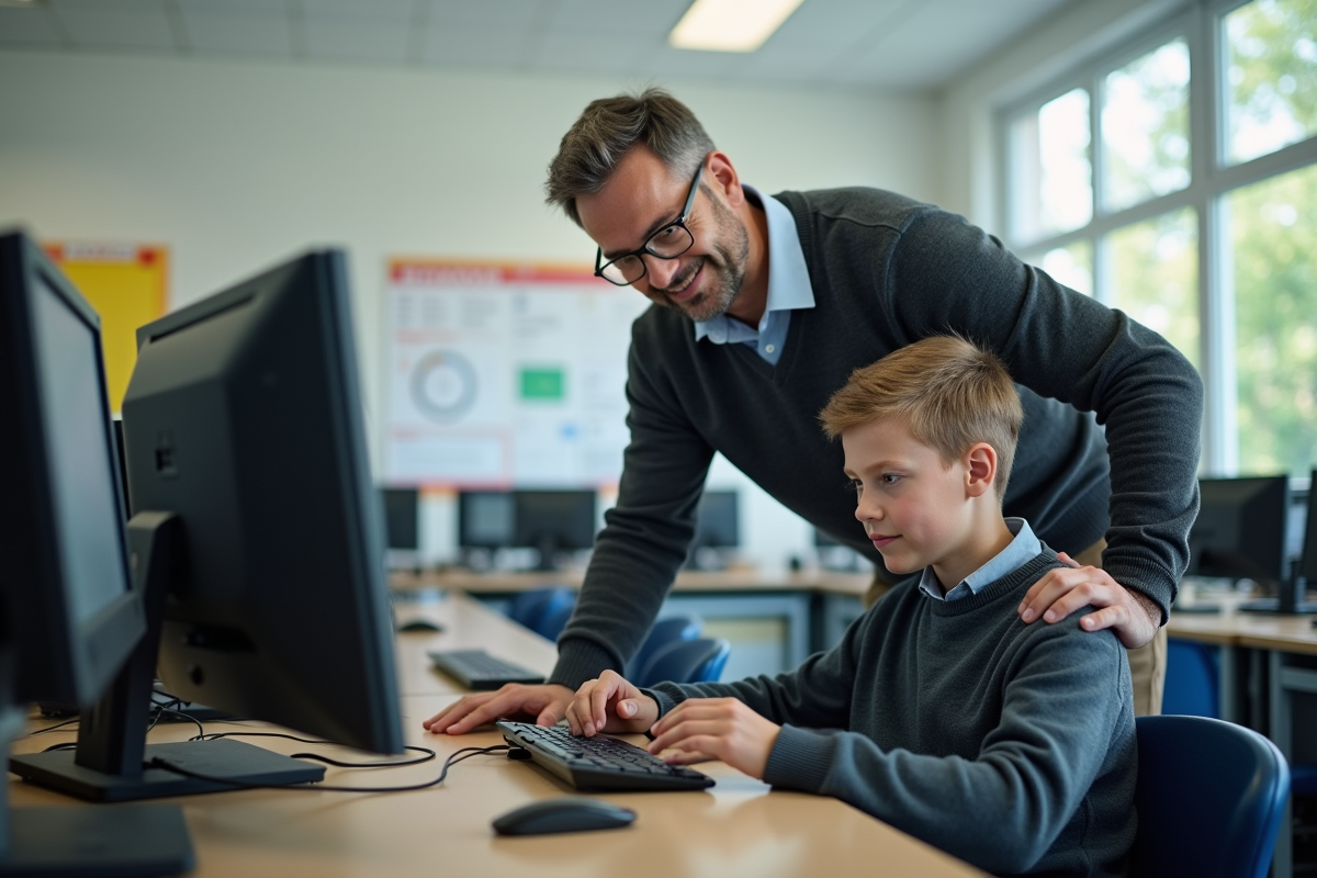 Professeur aidant un élève dans un laboratoire informatique scolaire