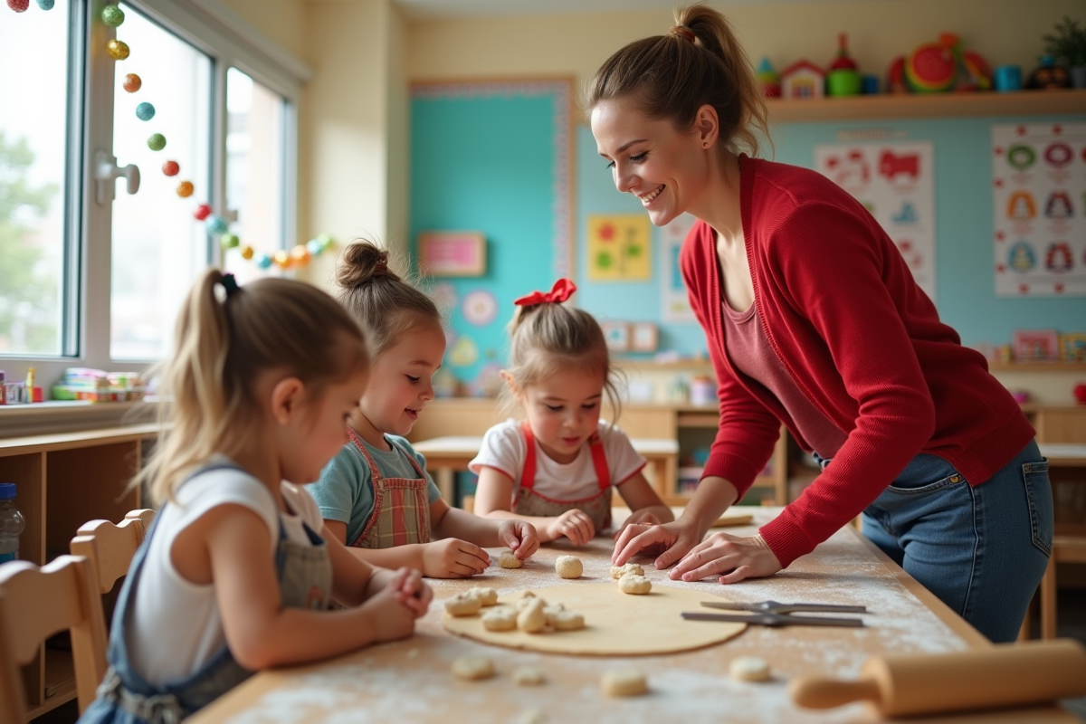 Enseignante guidant des enfants en cuisine