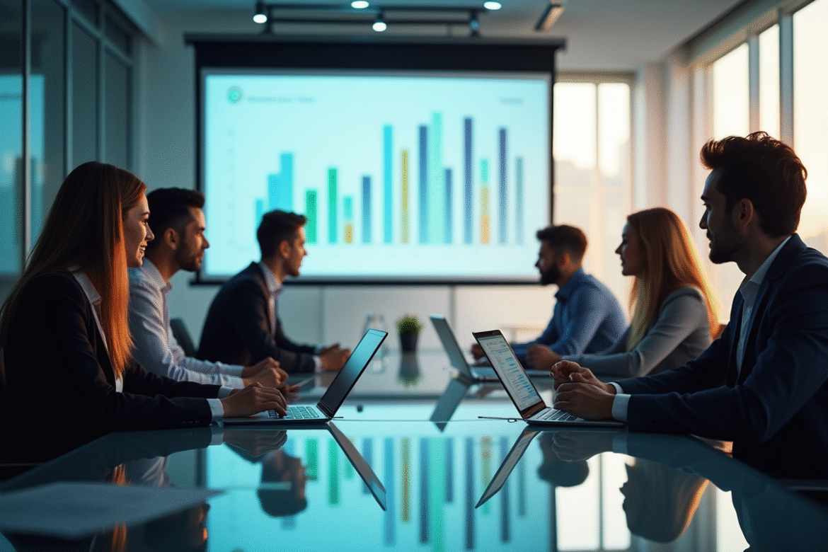 Groupe d'affaires autour d'une table moderne avec graphiques