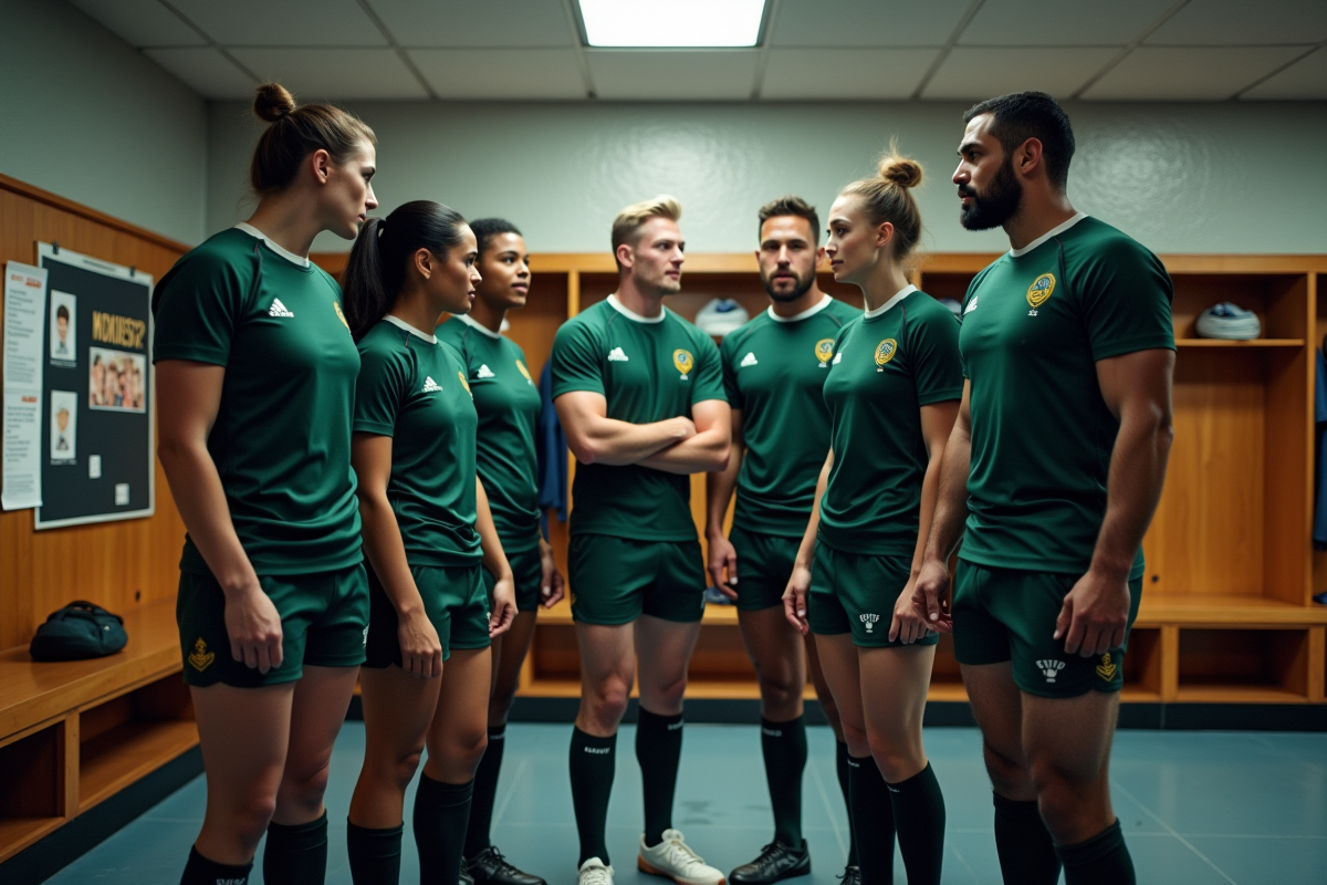 Joueurs de rugby en discussion dans le vestiaire