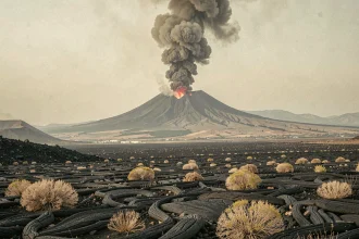 Éruption de l'Etna vue depuis les flancs du volcan avec une colonne de cendres volcaniques s'élevant dans le ciel sicilien