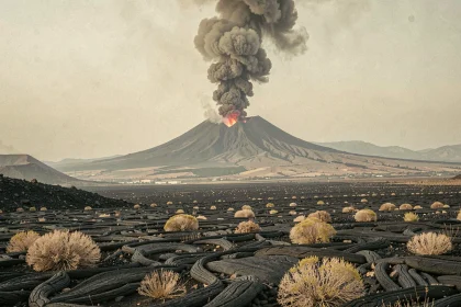 Éruption de l'Etna vue depuis les flancs du volcan avec une colonne de cendres volcaniques s'élevant dans le ciel sicilien