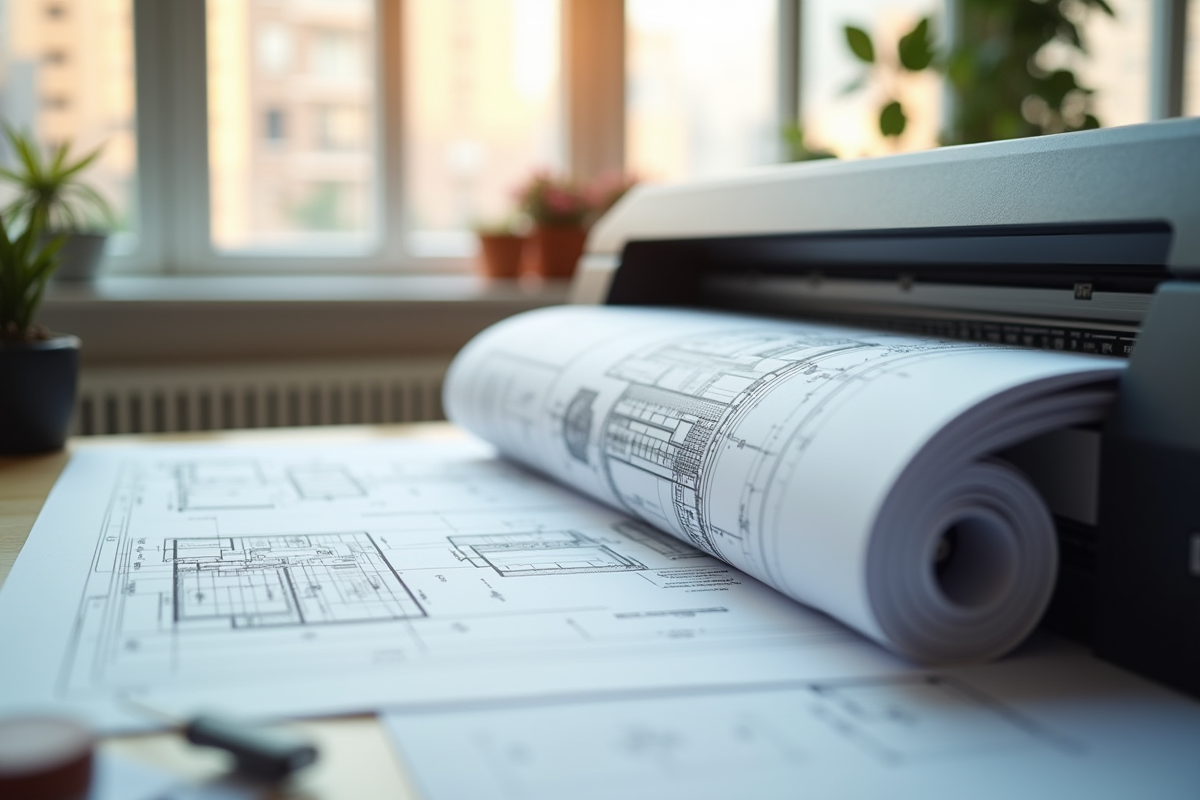 Espace de travail d'architecte avec plans grands formats