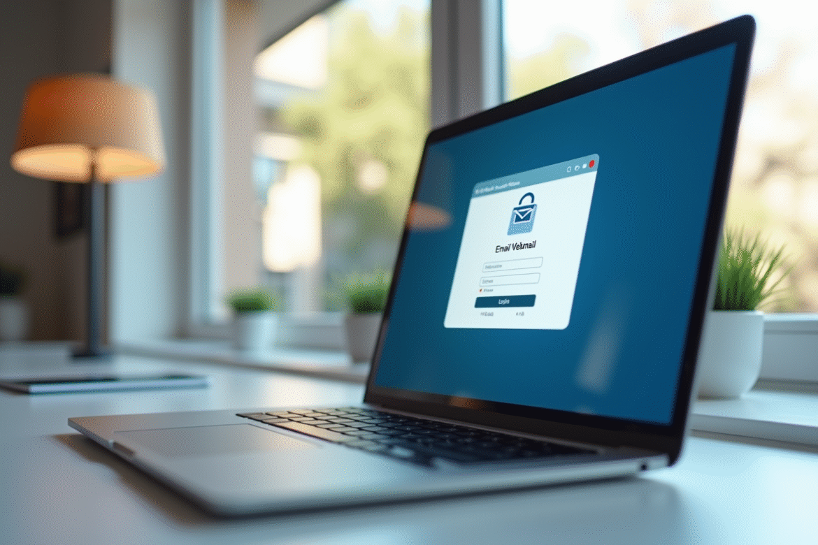 Espace de travail moderne avec écran d'email sécurisé