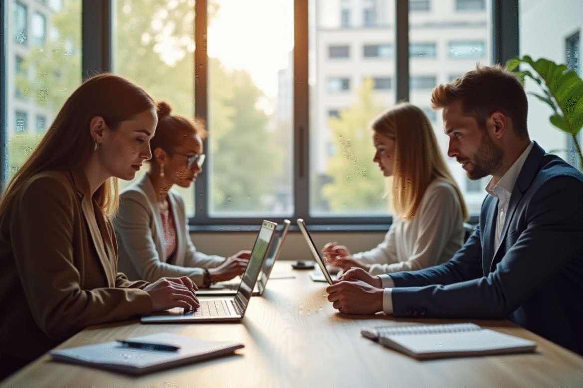 Espace de travail partagé moderne avec professionnels collaborant
