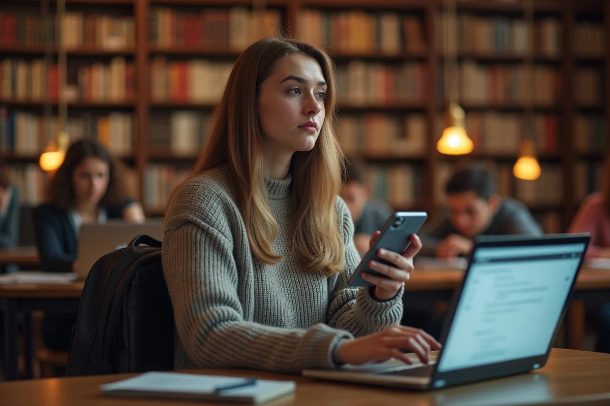 Étudiante universitaire confrontée à un blocage réseau sur smartphone et ordinateur dans une bibliothèque universitaire