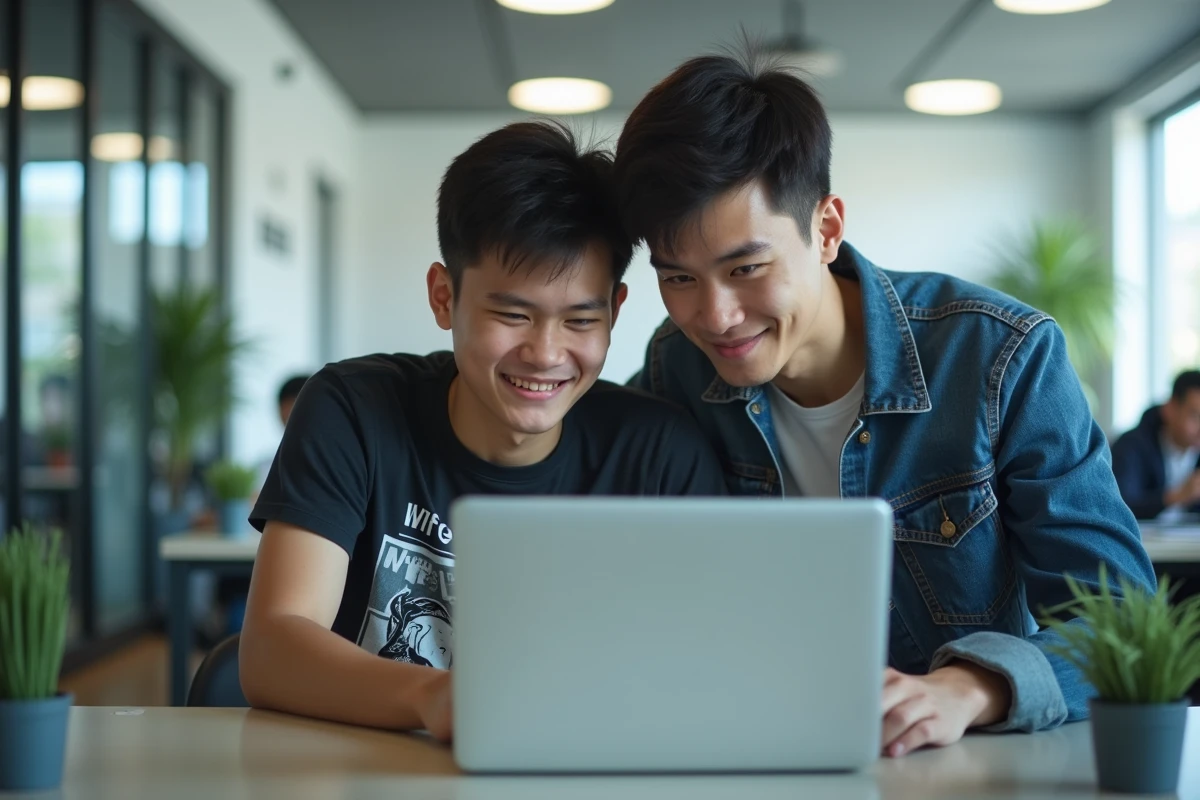 Deux étudiants consultant une application VPN pour contourner un blocage internet dans un espace de travail universitaire