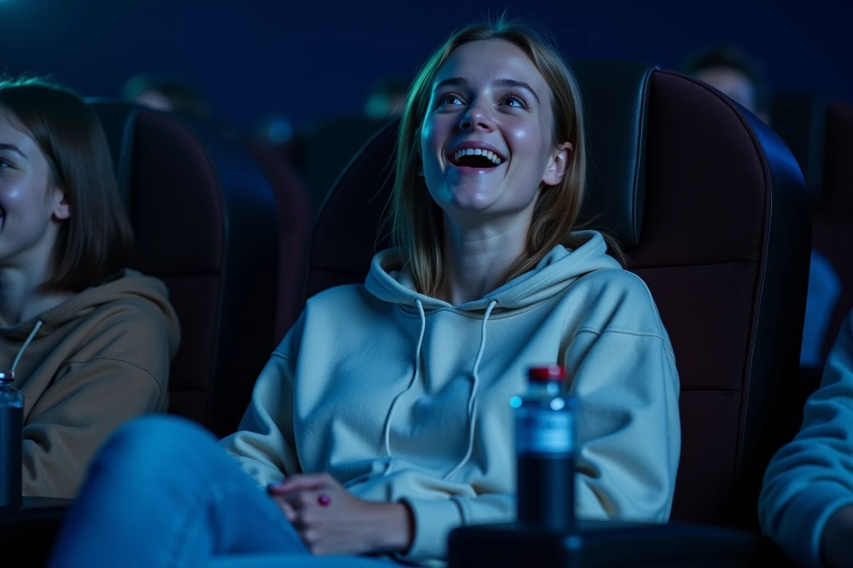 Femme réagissant aux effets d'eau et de brume dans une séance 4DX au cinéma