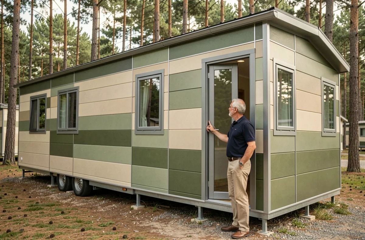Homme inspectant les finitions extérieures d'un mobil-home contemporain avec bardage aluminium et menuiseries soignées en forêt