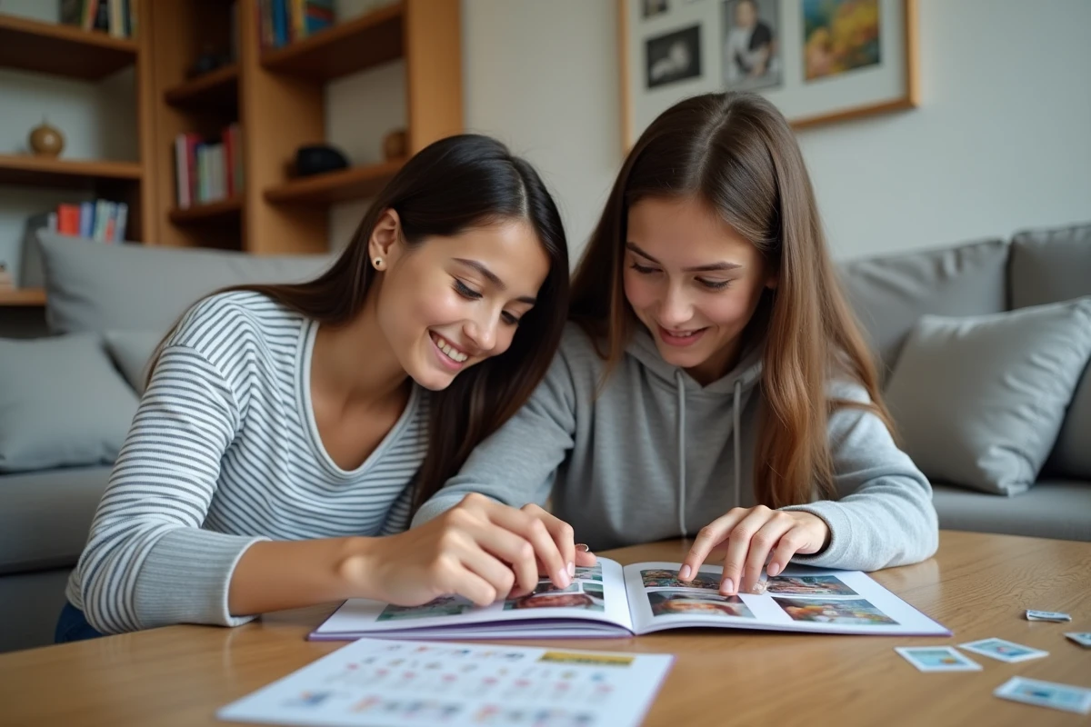 Mère et adolescente collant des vignettes Intermarché 2026 dans un carnet de récompenses dans le salon familial