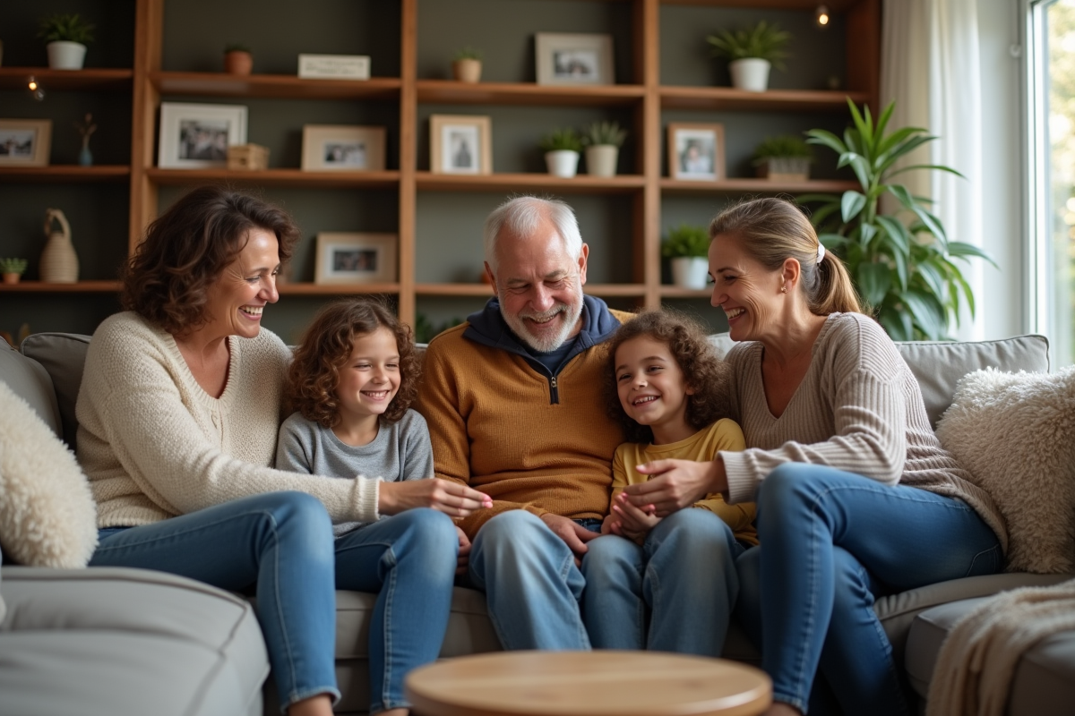 Famille multigenerationale jouant à un jeu de société dans un salon chaleureux