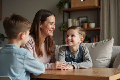 Famille souriante autour d'une table dans un salon chaleureux