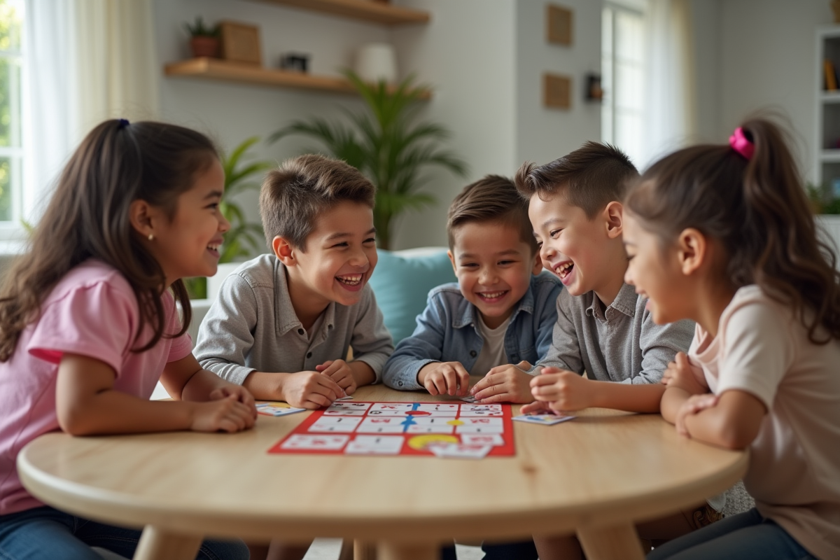 Une famille souriante joue à SkipBo Junior dans un salon lumineux