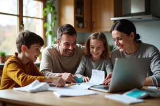 Famille heureuse discutant de récompenses dans la cuisine
