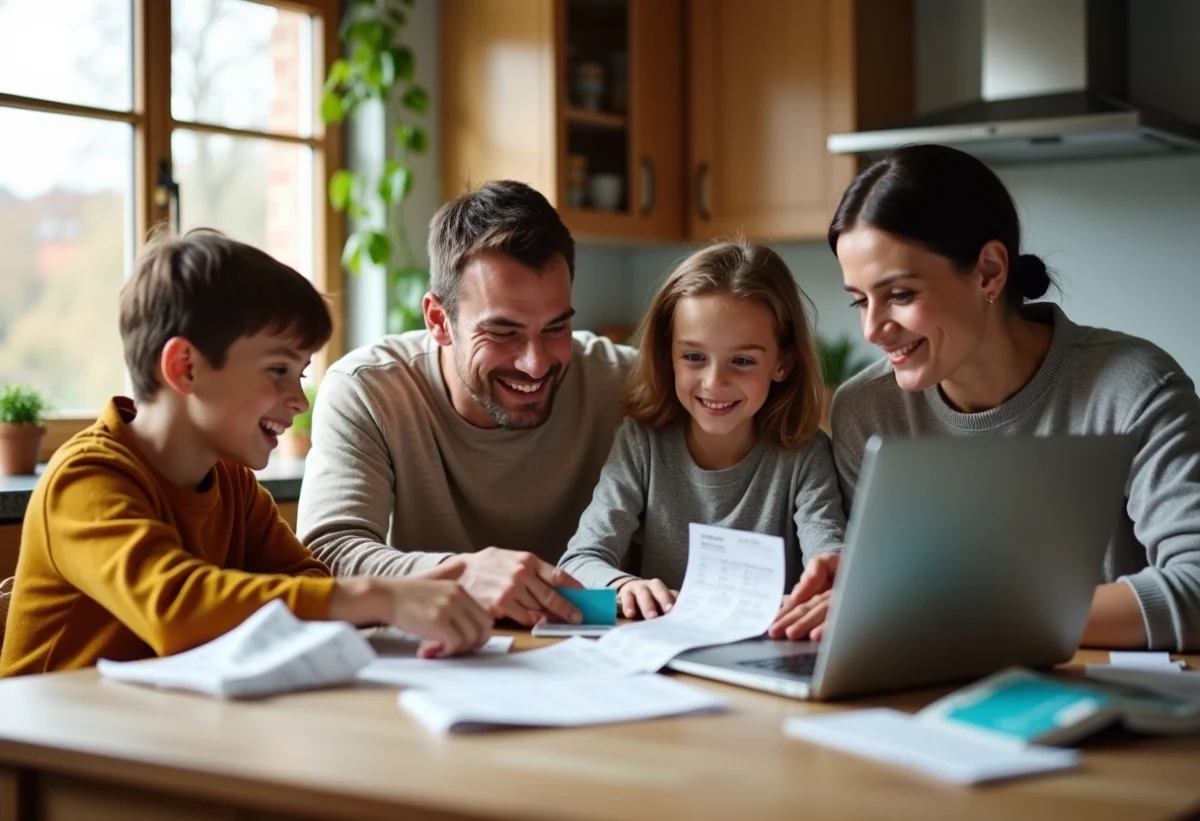 Famille heureuse discutant de récompenses dans la cuisine