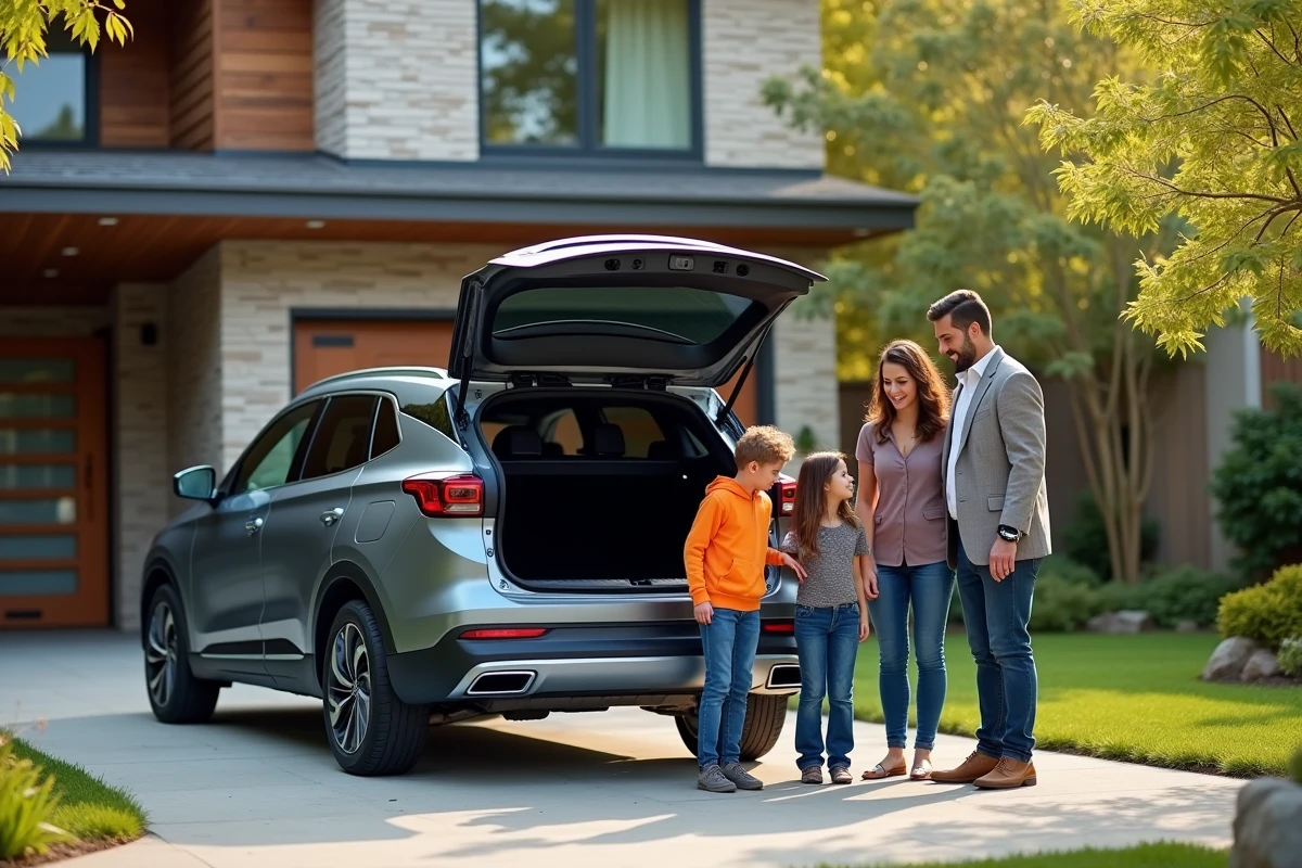 Famille souriante avec SUV hybride 2025 devant maison