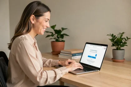 Femme professionnelle activant un abonnement business gratuit sur son ordinateur portable dans un bureau minimaliste